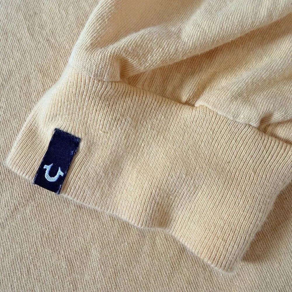 True Religion XL Long Sleeve T Shirt Yellow Embroidered Logo USA Made Cotton Y2K